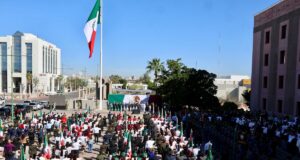 Rinden Durazo y Sheinbaum homenaje al lábaro patrio con toma de protesta a escoltas en enlace nacional