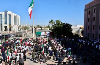 Rinden Durazo y Sheinbaum homenaje al lábaro patrio con toma de protesta a escoltas en enlace nacional