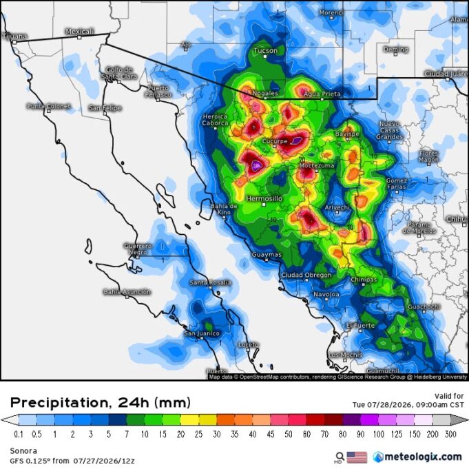 Protección Civil Sonora informa que el monzón mexicano continuará activo generando lluvias